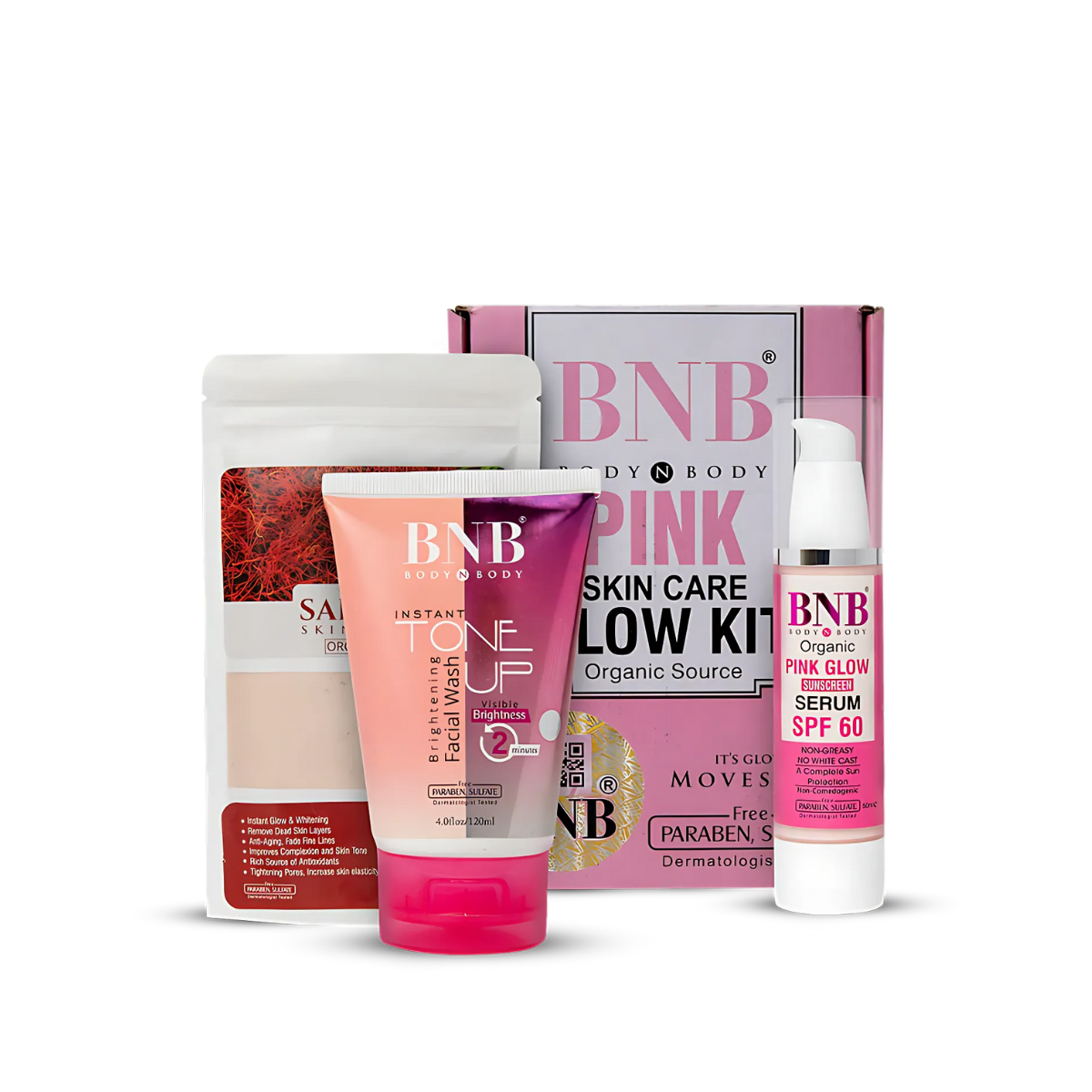 Bnb Pink Glow Kit ( Toneup Facewash, Saffron Mask & Pink Glow Sunscreen) - Beauty Nest