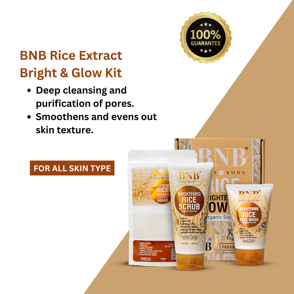 
                      
                        BNB Rice Extract Bright & Glow Kit ( Face Wash, Scrub & Mask ) - Beauty Nest
                      
                    